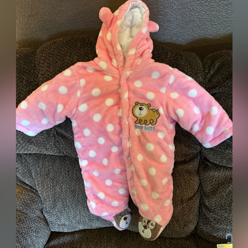 Pink Polka Dot Teddy Bear Baby Snowsuit